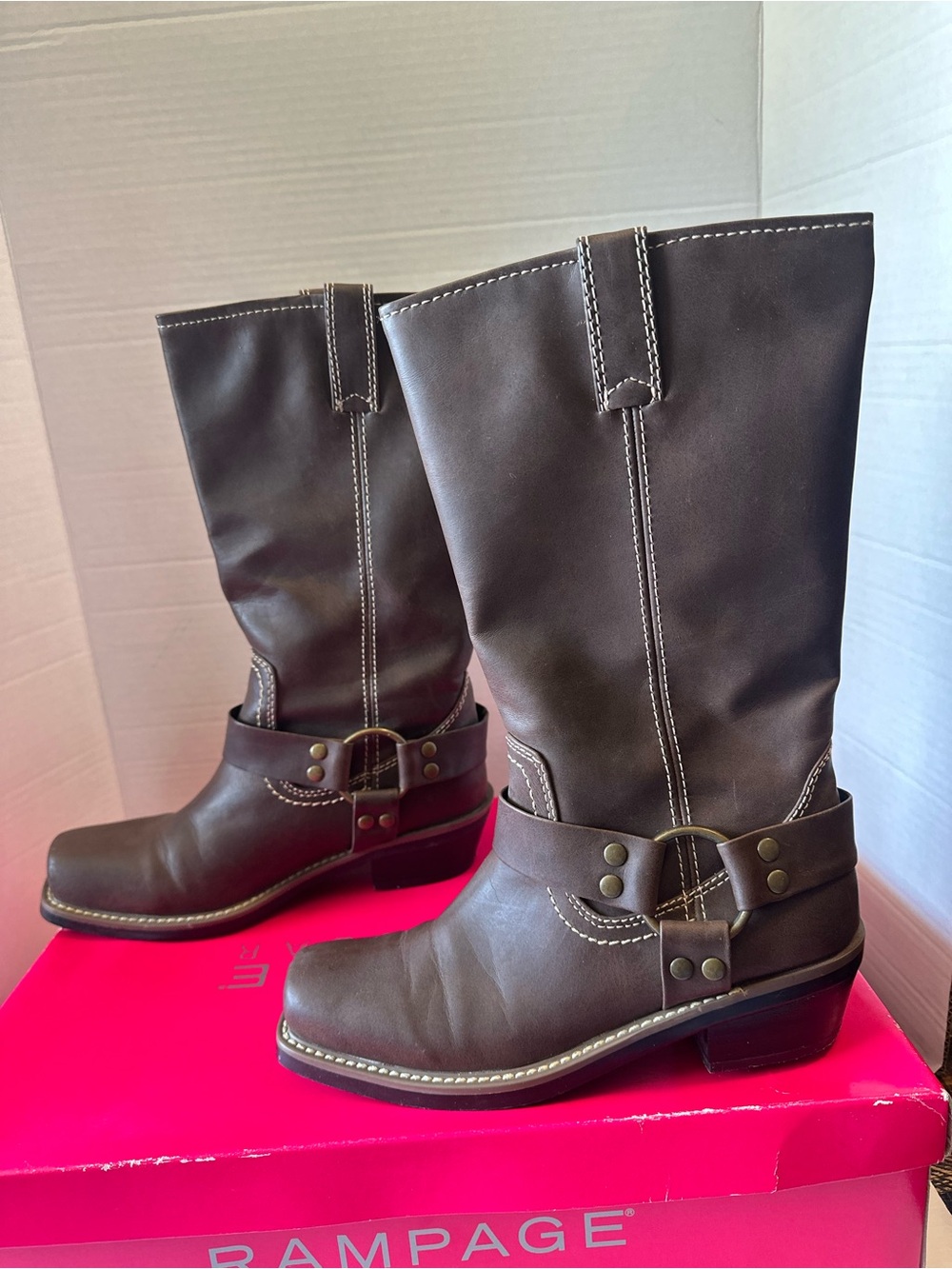 Rampage Brown Leather Harness Boots Size 7 Women's Biker Goth Grunge Indie VTG